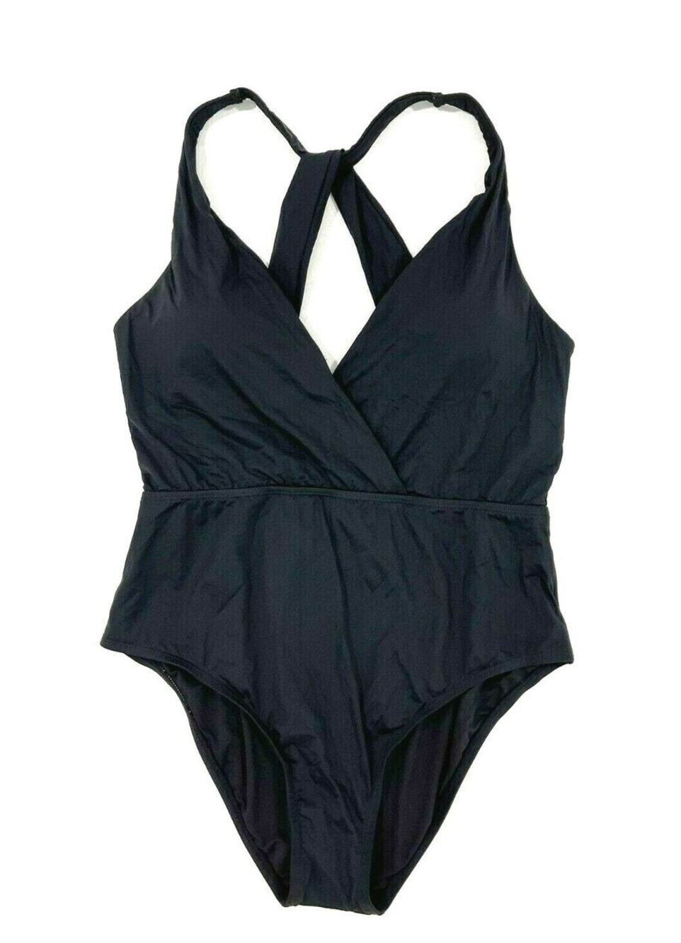Jantzen Women's Black One Piece Swimsuit Deep V Neck Surplice Cross Back Size 14